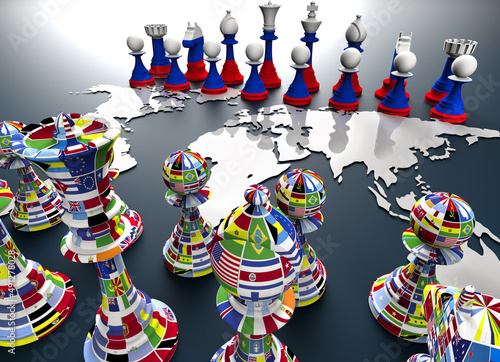 symbol of war and geopolitics in the world with chess pieces.