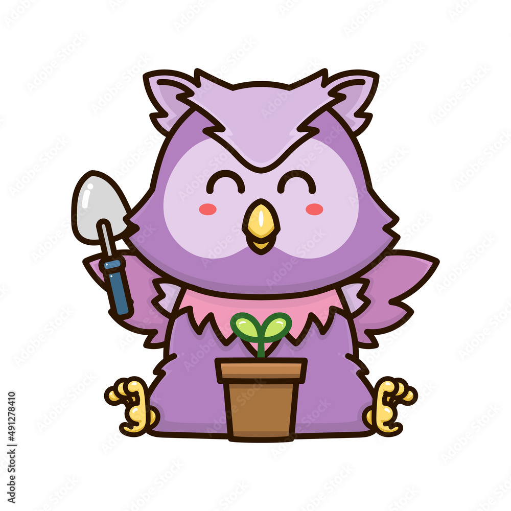 Naklejka premium happy owl bird and plant tree nature adorable cartoon doodle vector illustration flat design style