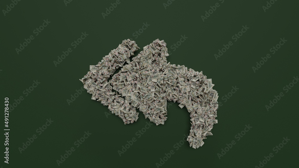 3d rendering of dollar cash rolls and stacks in shape of symbol of reply all on green background 3d rendering of dollar cash rolls and stacks in shape of symbol of reply all on green background