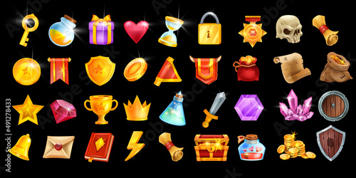 Game icon vector set, RPG UI winner badge kit, casino slot gambling machine objects, golden coin, crown. Medieval fantasy design elements, victory level up trophy, magic potion. Game icon collection