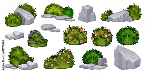 Fototapeta Garden bush set, gray stones, nature landscape design elements, vector green spring shrub hedge