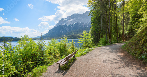 Fototapeta Naklejka Na Ścianę i Meble -  walkway around lake Eibsee, bavarian tourist resort, Zugspitze mountain