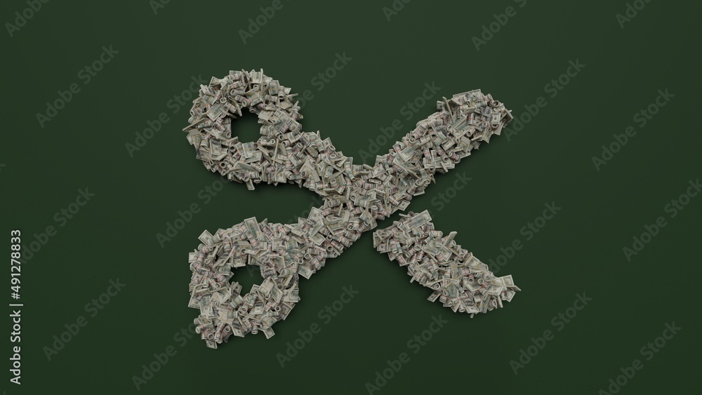 3d rendering of dollar cash rolls and stacks in shape of symbol of scissors on green background 3d rendering of dollar cash rolls and stacks in shape of symbol of scissors on green background
