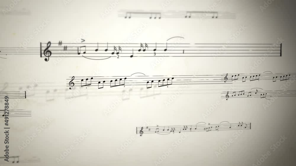 Camera moving over vintage sheet of music showing notes. Background animation