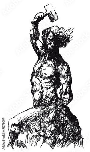 Blacksmith forging himself, classic art drawing, hand drawn vector illustration
