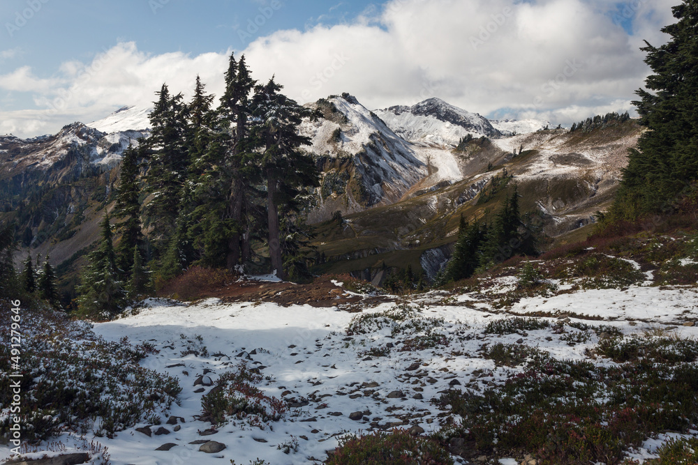 Beautiful mountain landscape with snow covered peaks and forest. North Cascades National Park, Washington, USA Beautiful mountain landscape with snow covered peaks and forest. North Cascades National Park, Washington, USA