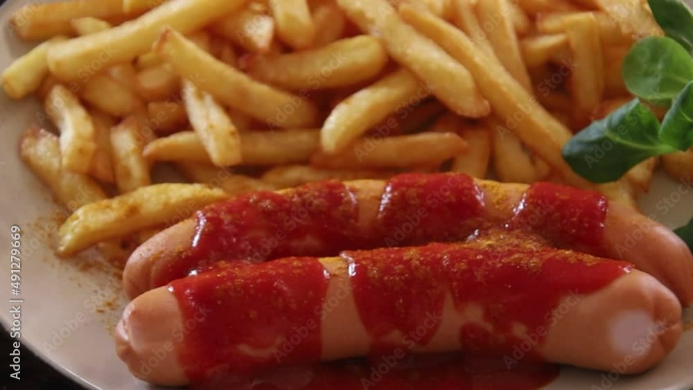 cervelas curry wurst in a plate with fries cervelas curry wurst in a plate with fries
