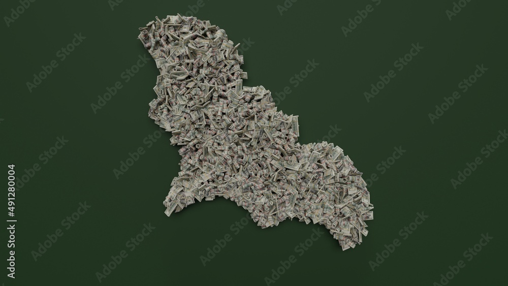 3d rendering of dollar cash rolls and stacks in shape of symbol of bat on green background