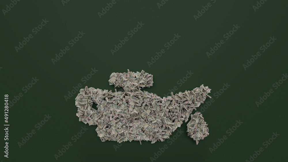 3d rendering of dollar cash rolls and stacks in shape of symbol of oil can on green background 3d rendering of dollar cash rolls and stacks in shape of symbol of oil can on green background