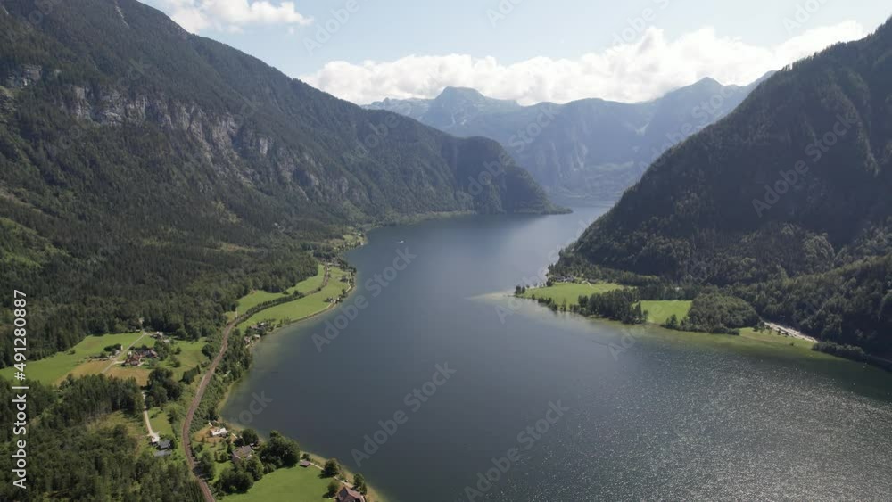 Aerial view of Hallstätter See or Lake Hallstatt and big mountains Alps next to village Hallstatt in Austria, travel and nature concept Aerial view of Hallstätter See or Lake Hallstatt and big mountains Alps next to village Hallstatt in Austria, travel and nature concept