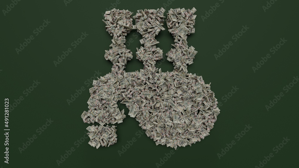 3d rendering of dollar cash rolls and stacks in shape of symbol of bagpipes on green background