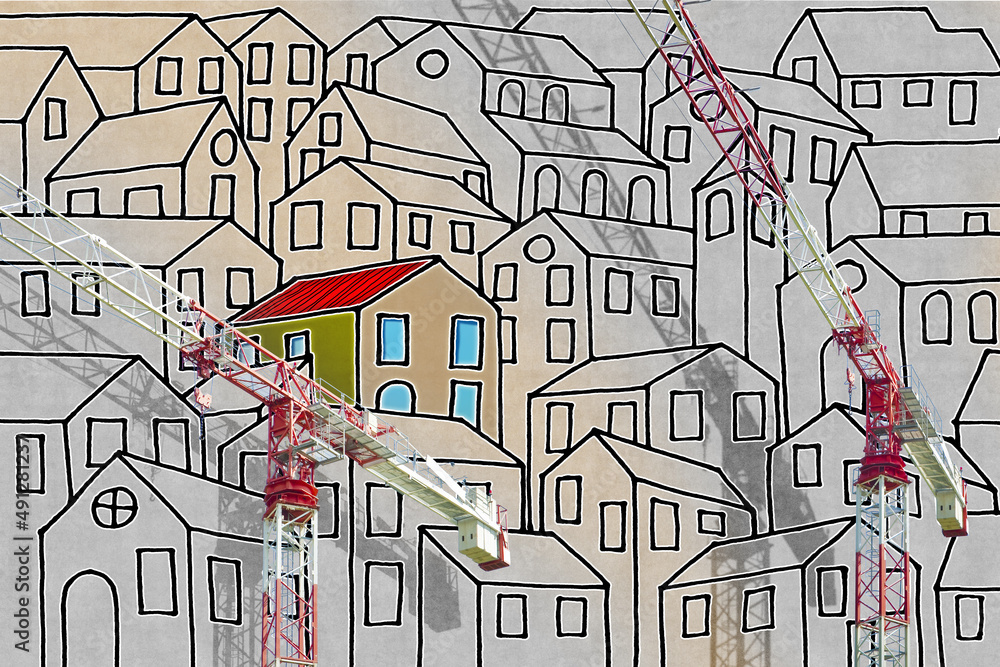 Fototapeta Roof repairing concept with tower crane in a construction site against an imaginary town - construction industry concept