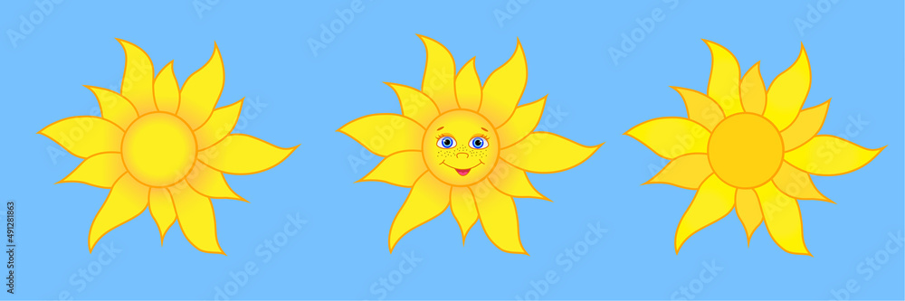Set of cute sunny flat vector illustrations. Smiling sun with sunbeams cartoon character. The sun on a blue background. Sun with a face. Peace. Set of cute sunny flat vector illustrations. Smiling sun with sunbeams cartoon character. The sun on a blue background. Sun with a face. Peace.