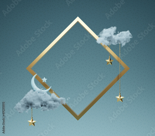 3D rendering Islamic post design with the cloud. Festive greeting card, the invitation for Muslim holy month Ramadan Kareem, and greeting card Eid Mubarak. Space for your message.  photo