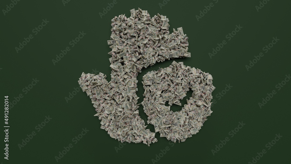 3d rendering of dollar cash rolls and stacks in shape of symbol of clean hand on green background 3d rendering of dollar cash rolls and stacks in shape of symbol of clean hand on green background