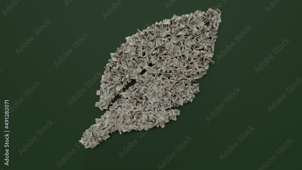3d rendering of dollar cash rolls and stacks in shape of symbol of feather on green background
