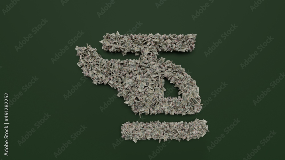 3d rendering of dollar cash rolls and stacks in shape of symbol of helicopter on green background 3d rendering of dollar cash rolls and stacks in shape of symbol of helicopter on green background