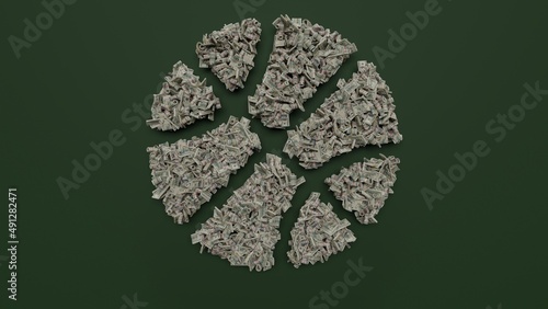 3d rendering of dollar cash rolls and stacks in shape of symbol of basketball ball on green background