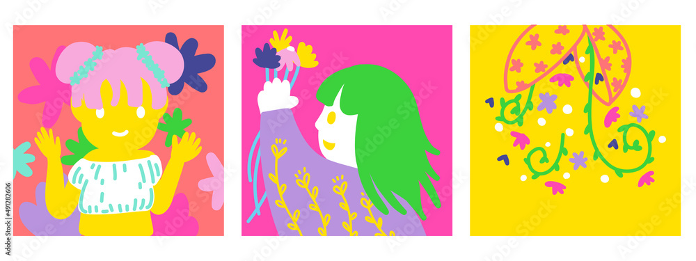 beautiful minimal card of spring flower with girl in vivid colorful tone doodle style beautiful minimal card of spring flower with girl in vivid colorful tone doodle style