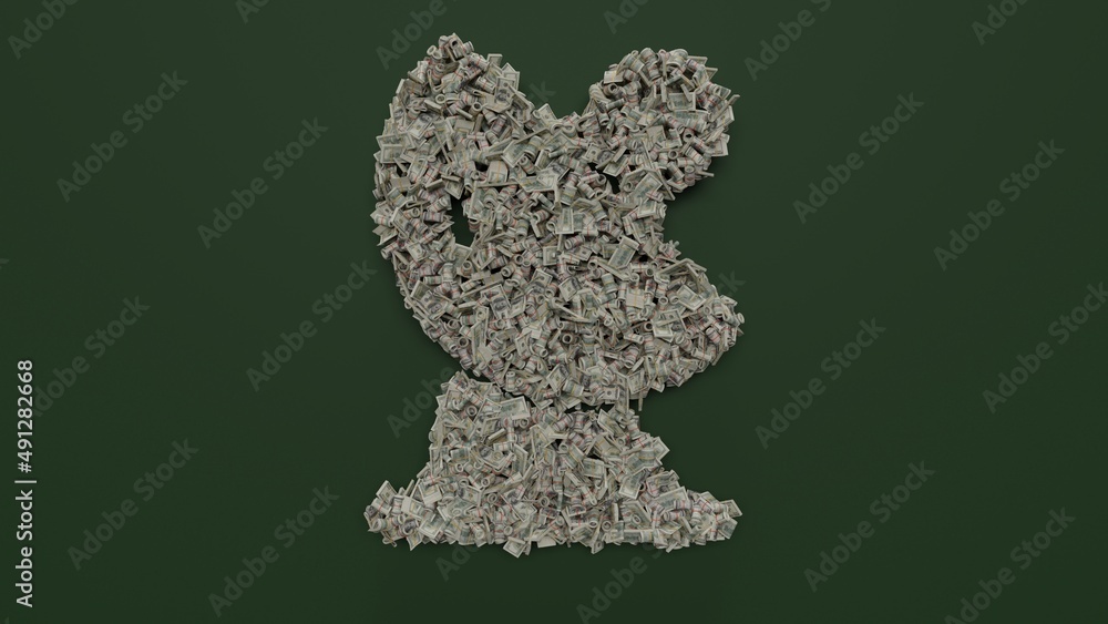 3d rendering of dollar cash rolls and stacks in shape of symbol of satellite dish on green background 3d rendering of dollar cash rolls and stacks in shape of symbol of satellite dish on green background