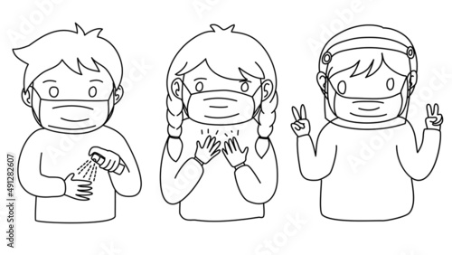 cute line art doodle of kid use alcohol spray, glove, face mask, face shield, protect them-self