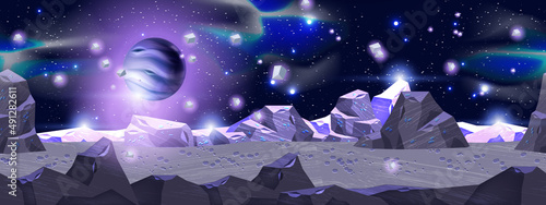 Space planet landscape, vector cosmic game seamless background, alien fantasy asteroid surface, stars. Futuristic night neon sky banner, purple rocks, sci-fi environment wallpaper. Planet landscape