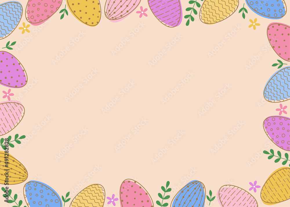 Horizontal frame of easter decorated eggs and leaves. Colorful eggs on pink background. Horizontal frame of easter decorated eggs and leaves. Colorful eggs on pink background.