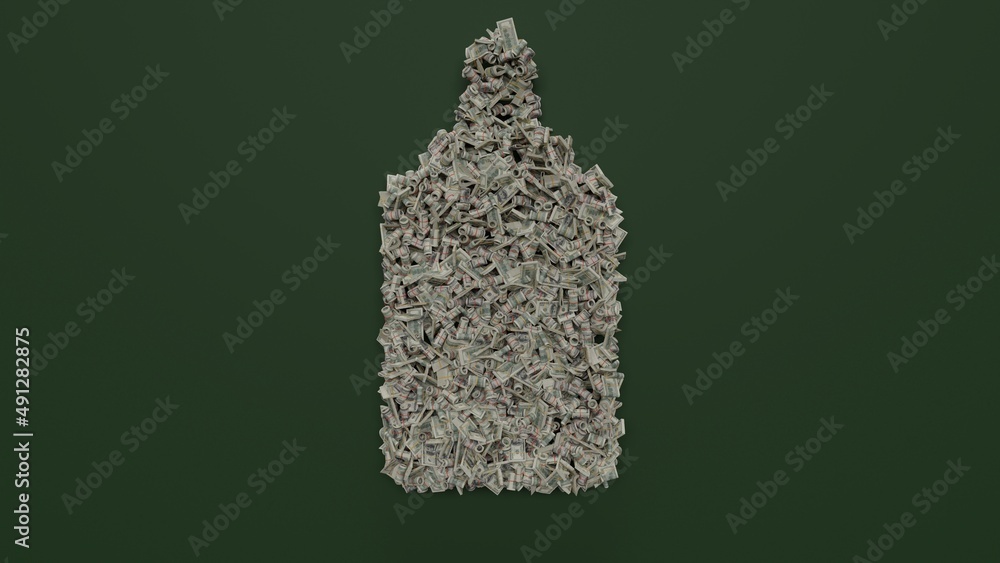 3d rendering of dollar cash rolls and stacks in shape of symbol of condiment on green background 3d rendering of dollar cash rolls and stacks in shape of symbol of condiment on green background