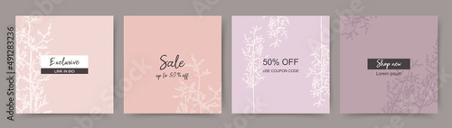 Social media post with plant on the nude colors backgrounds. Pink square layout template, frame app background,  banners for sale, special price, limited promotion for beauty, makeup, jewelry