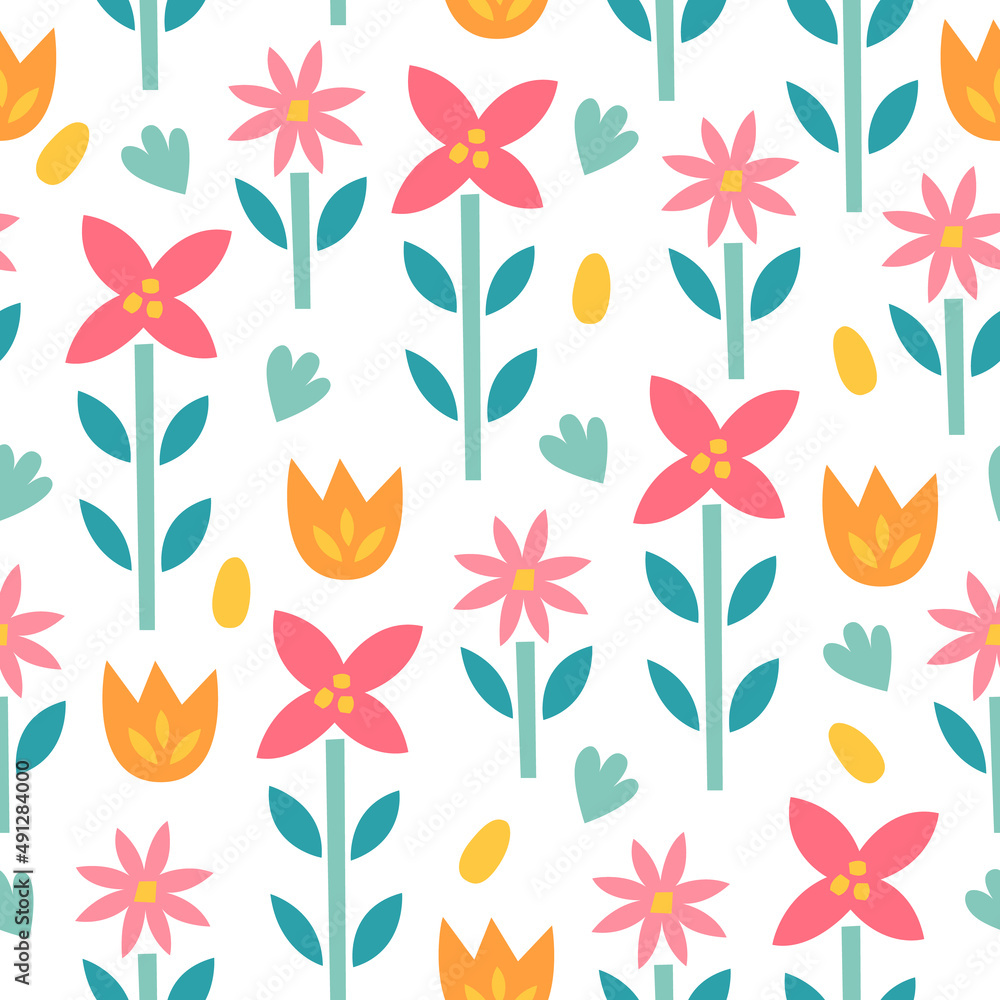 Floral seamless pattern with flowers, leaves, tulips. Scandinavian style