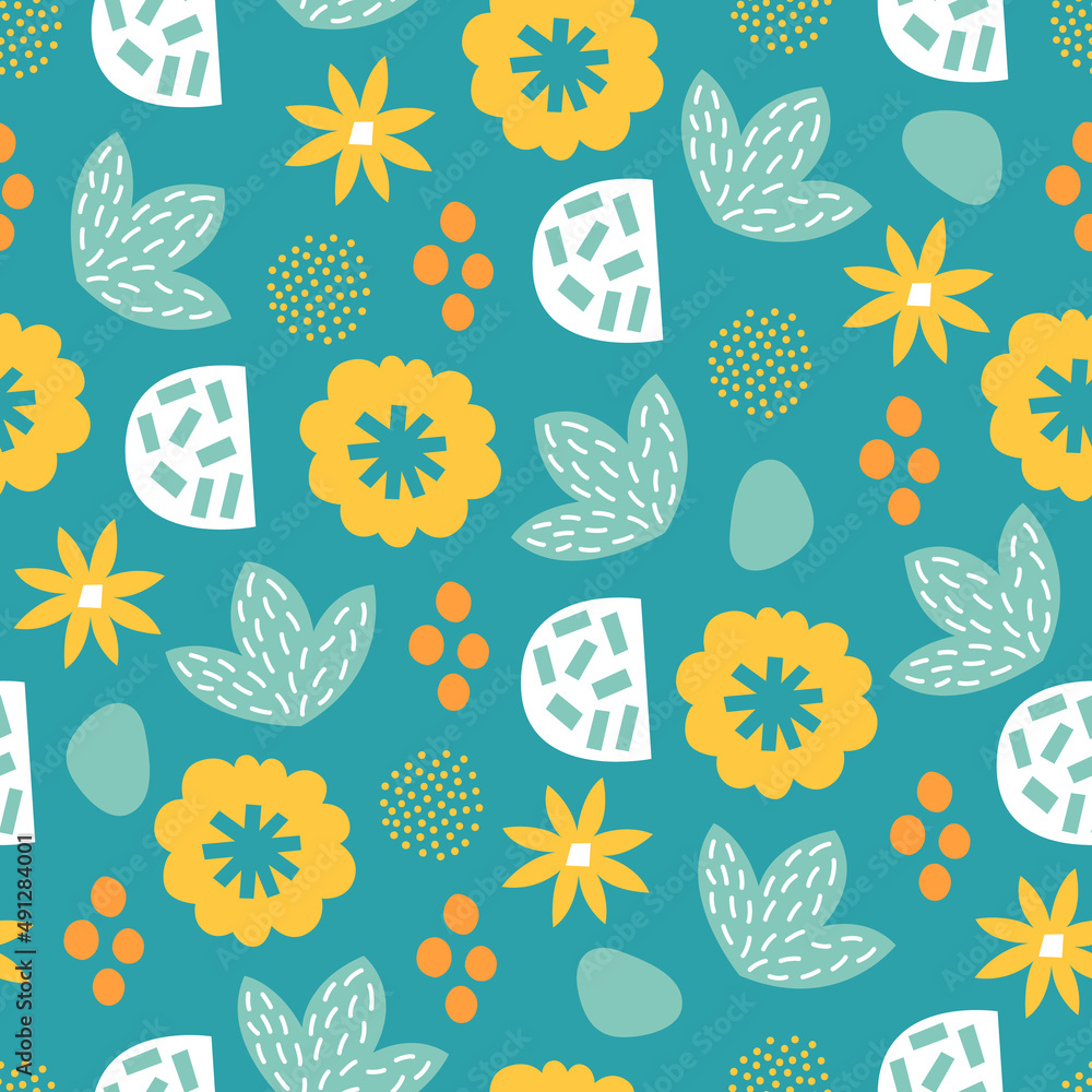 Floral seamless pattern with leaves, flowers, dots. Scandinavian style