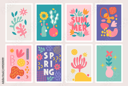 Set of greeting cards with leaves, flowers, abstract shapes, vase