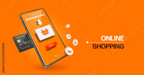 Arrow points to shopping cart icon to confirm the purchase and a smile icon floats on front of the smartphone and a black credit card is inserted next to it to pay,vector 3d for online shopping design