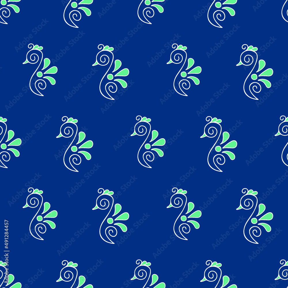 seamless repeat pattern with simple hand drawn peacock motif on an indigo blue background perfect for fabric, scrap booking, wallpaper, gift wrap projects

