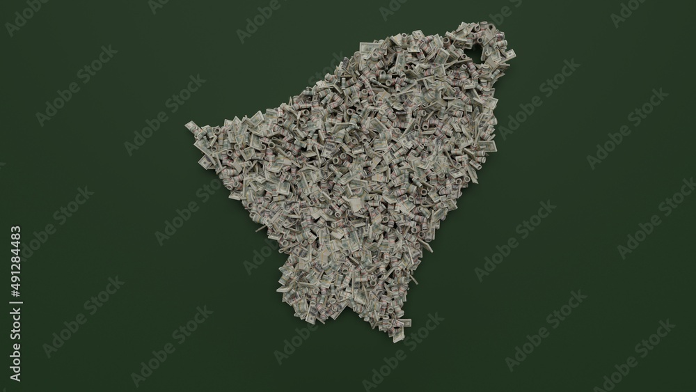 3d rendering of dollar cash rolls and stacks in shape of symbol of bell on green background