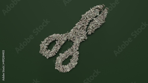 3d rendering of dollar cash rolls and stacks in shape of symbol of scissors on green background