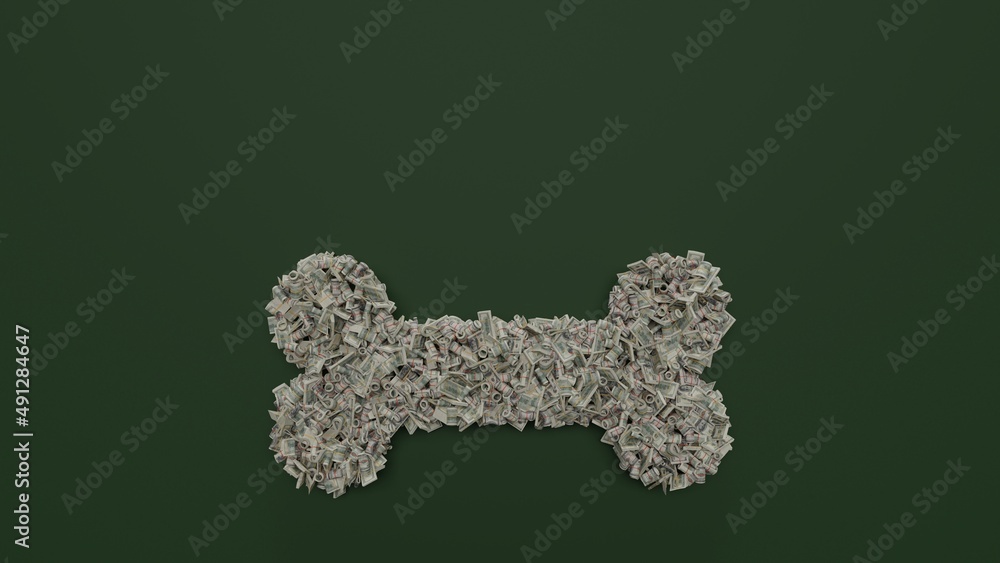3d rendering of dollar cash rolls and stacks in shape of symbol of bone on green background 3d rendering of dollar cash rolls and stacks in shape of symbol of bone on green background
