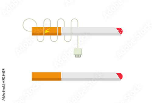 Cigarette flat vector isolated and e cigaret vape abstract icon closeup cartoon illustration, eclectic ecig and paper cig on white background graphic modern