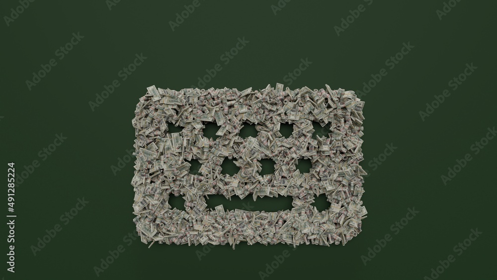 3d rendering of dollar cash rolls and stacks in shape of symbol of keyboard on green background