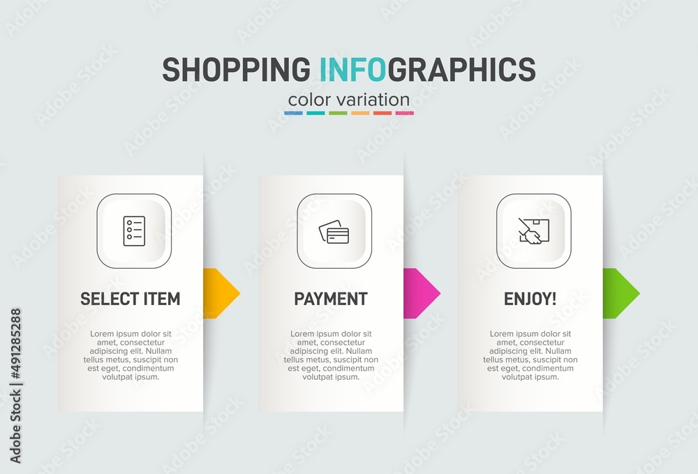 Concept of shopping process with 3 successive steps. Three colorful graphic elements. Timeline design for brochure, presentation, web site. Infographic design layout. Concept of shopping process with 3 successive steps. Three colorful graphic elements. Timeline design for brochure, presentation, web site. Infographic design layout.