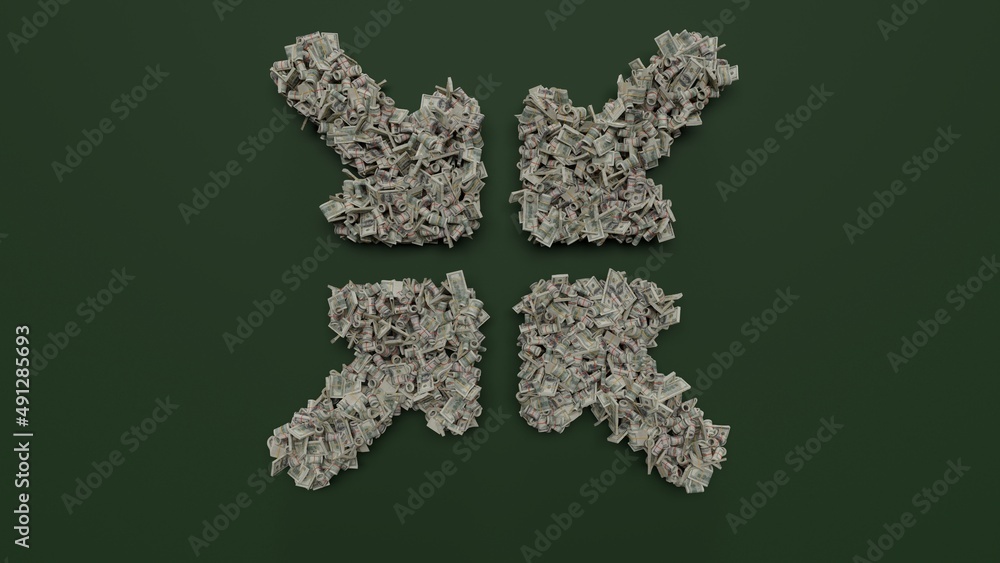 3d rendering of dollar cash rolls and stacks in shape of symbol of compress arrows on green background 3d rendering of dollar cash rolls and stacks in shape of symbol of compress arrows on green background