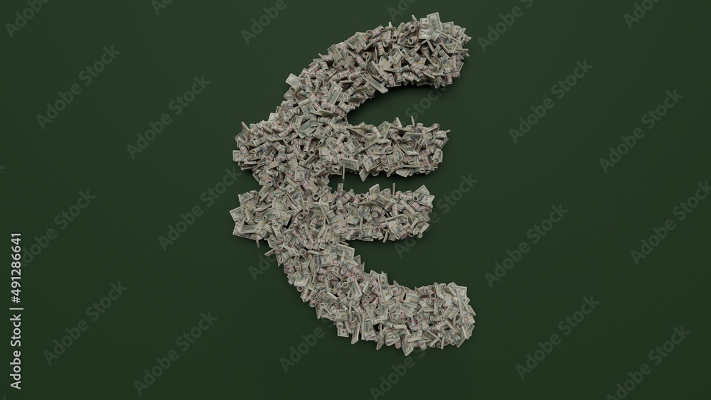 3d rendering of dollar cash rolls and stacks in shape of symbol of euro sign on green background 3d rendering of dollar cash rolls and stacks in shape of symbol of euro sign on green background