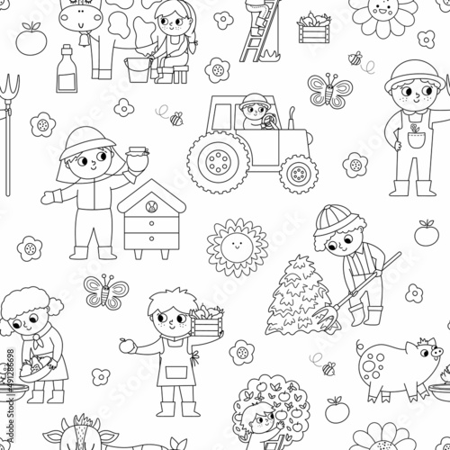 Vector black and white seamless pattern with farmers. Outline repeat background with kids doing agricultural work. Rural country digital paper. Farm coloring page with boys and girls.