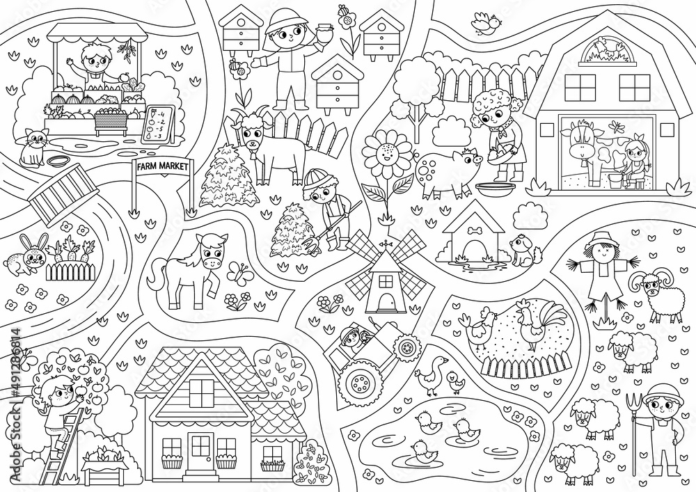 Farm black and white village map. Country life outline background. Vector rural area scene with animals, farmers, barn, tractor. Countryside plan or coloring page with field, pasture, cottage, garden.