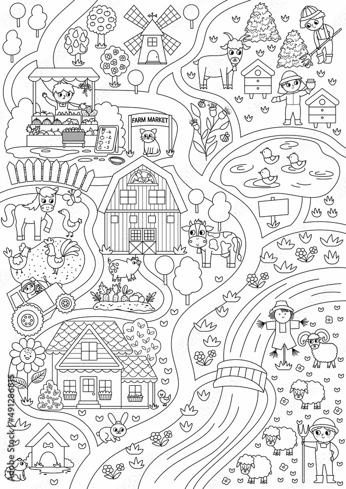 Farm black and white village map. Country life outline background. Vector rural area scene with animals, children, barn, tractor. Countryside plan or coloring page with field, pasture, cottage