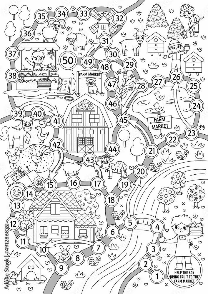 Farm black and white dice board game for children with village map. Outline countryside landscape boardgame.  Rural country coloring page for kids. Help the farmer bring fruit to the farm market.
