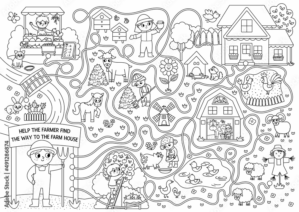 Black and white farm maze for kids with rural village landscape, animals, barn, cottage. Country side line printable activity. Labyrinth coloring page. Help the farmer find the way to farmhouse