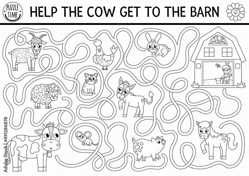 Black and white farm maze for kids with animals and cottage shed. Country side line preschool printable activity with cute goat, pig, horse, sheep. Labyrinth coloring page. Help the cow get to barn.