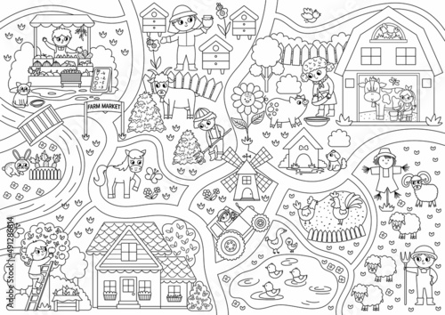 Farm black and white village map. Country life outline background. Vector rural area scene with animals  farmers  barn  tractor. Countryside plan or coloring page with field  pasture  cottage  garden.