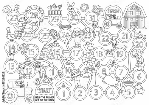 Farm black and white board game for children with cute animals and kids farmers. Outline countryside boardgame with tractor, animals.  Rural country coloring page. Help the farmer get to the barn.